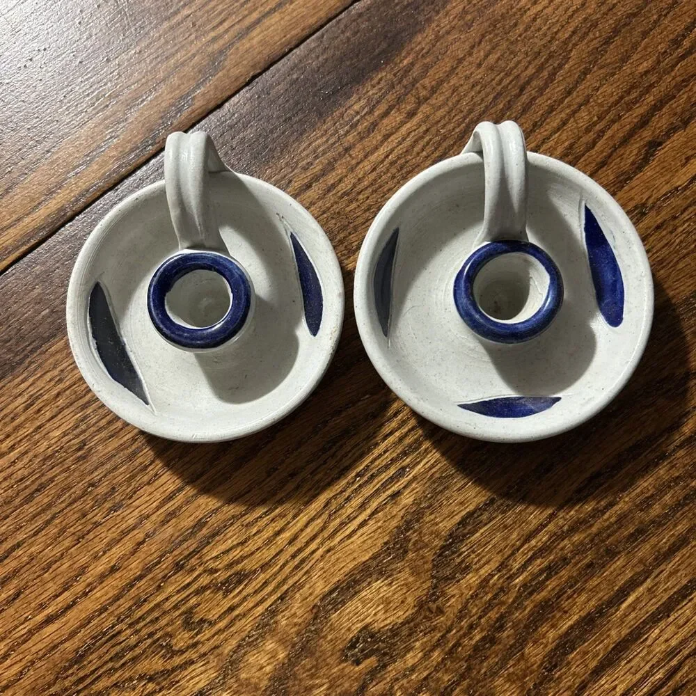 Pair Williamsburg Pottery Stoneware Chamberstick Candle Holders Gray Blue Potter